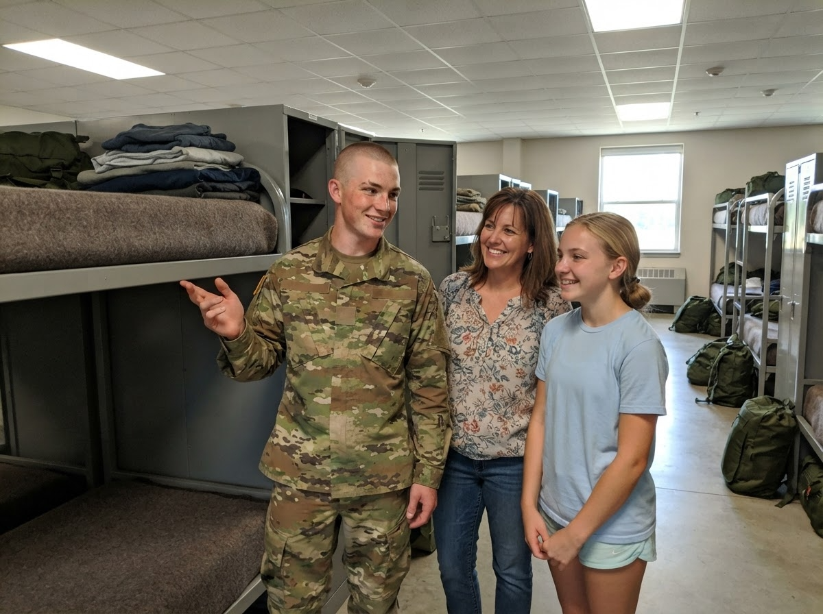 A new soldier showing his mother and sister his bunk in the barracks