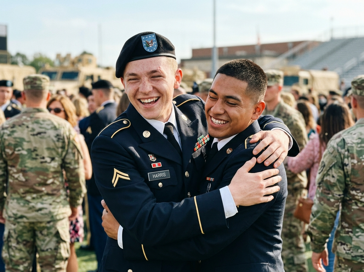 Two new soldiers in dress blues hugging