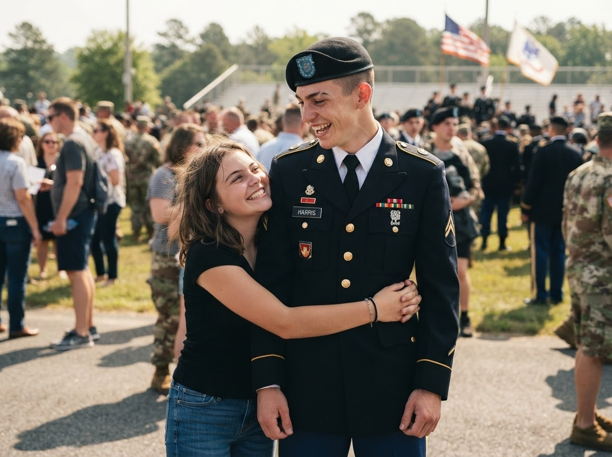A new soldier and his sister smiling in the crowd