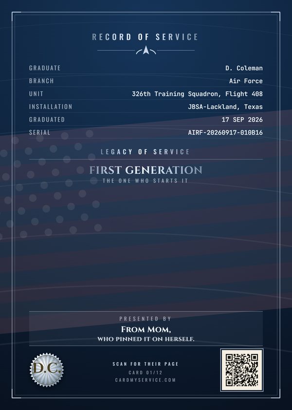 Back of the same example card, with the record of service and a code that opens the family page