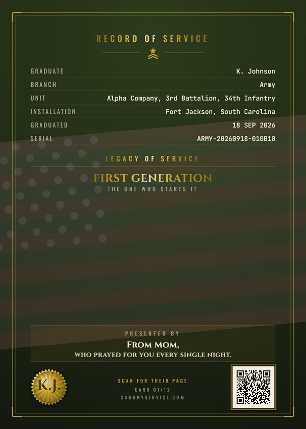 Back of the same example card, with the record of service and a code that opens the family page