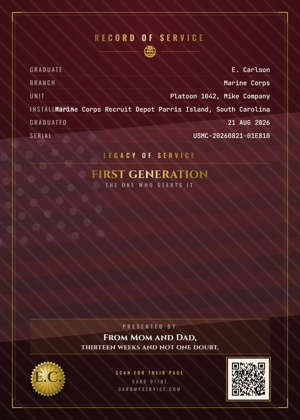 Back of the same example card, with the record of service and a code that opens the family page