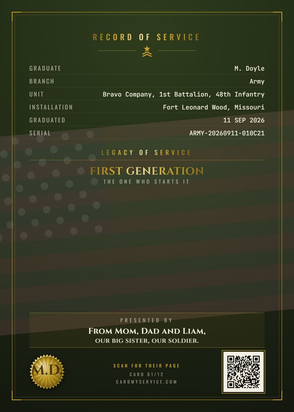 Back of the same example card, with the record of service and a code that opens the family page