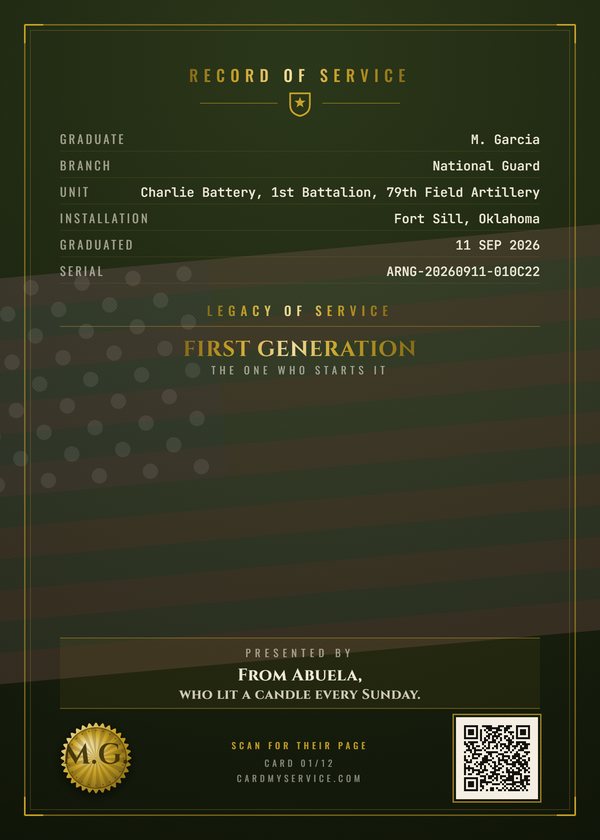 Back of the same example card, with the record of service and a code that opens the family page