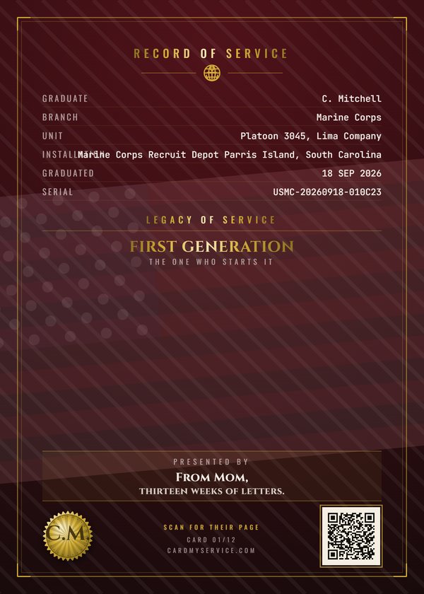 Back of the same example card, with the record of service and a code that opens the family page