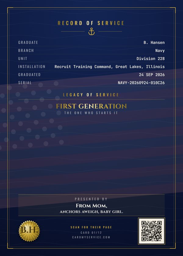 Back of the same example card, with the record of service and a code that opens the family page