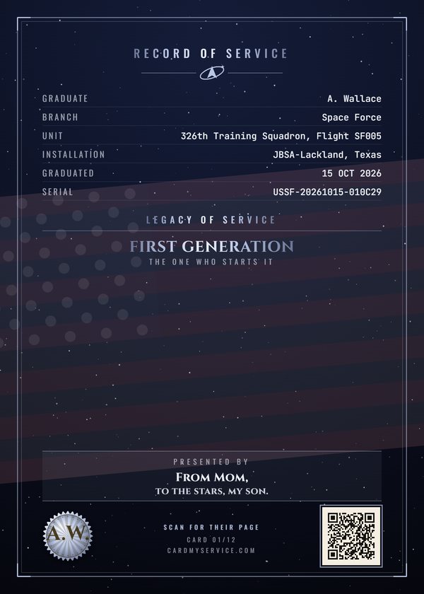 Back of the same example card, with the record of service and a code that opens the family page