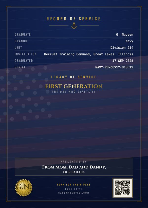 Back of the same example card, with the record of service and a code that opens the family page