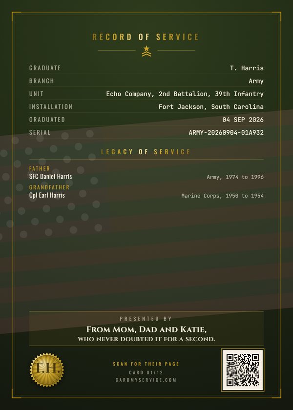 Back of the same example card, with the record of service and a code that opens the family page