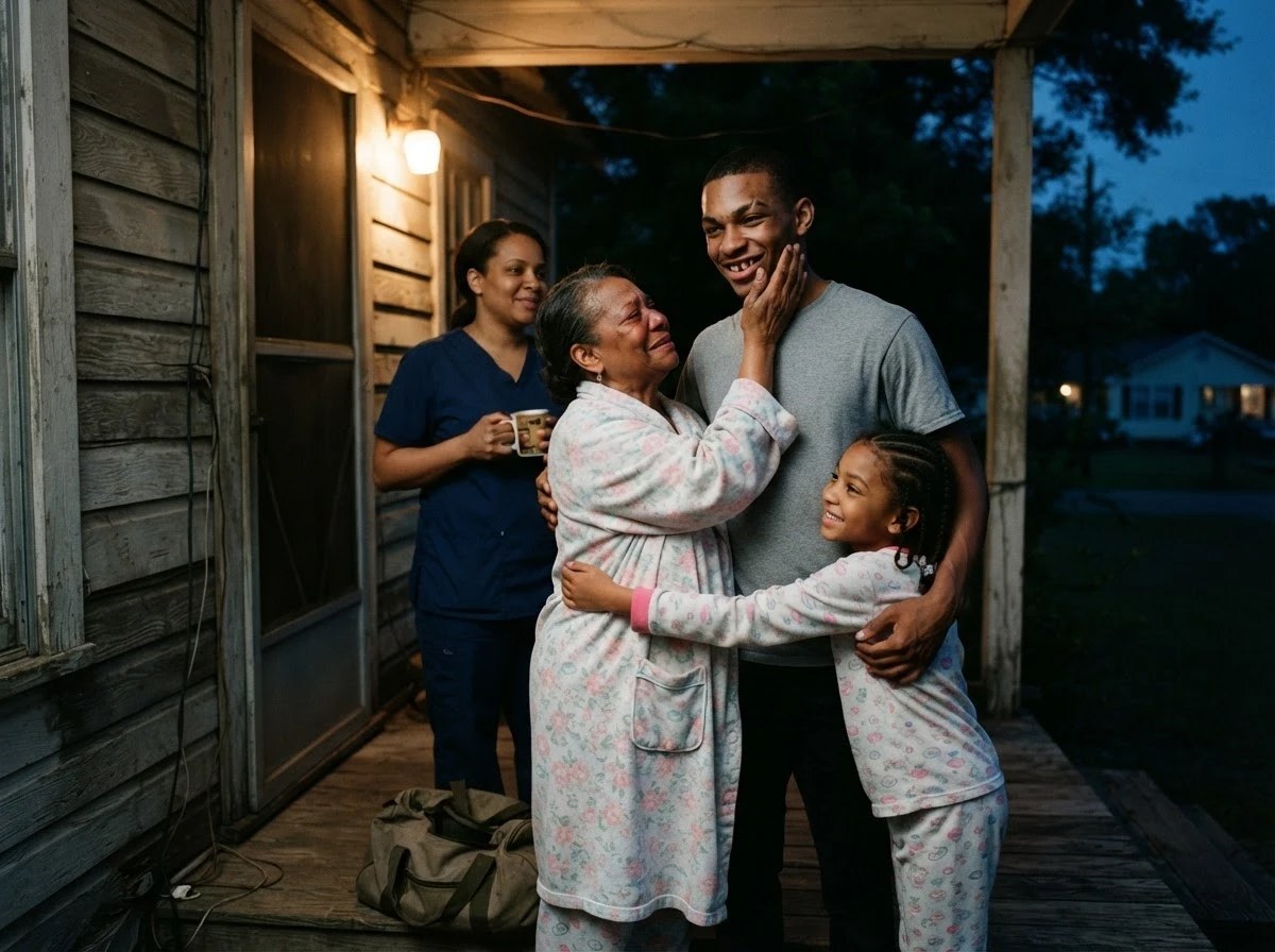 An eighteen year old on his grandmother's porch at half past four in the morning, held by his grandmother while his sister hugs his waist and his mother watches with a coffee