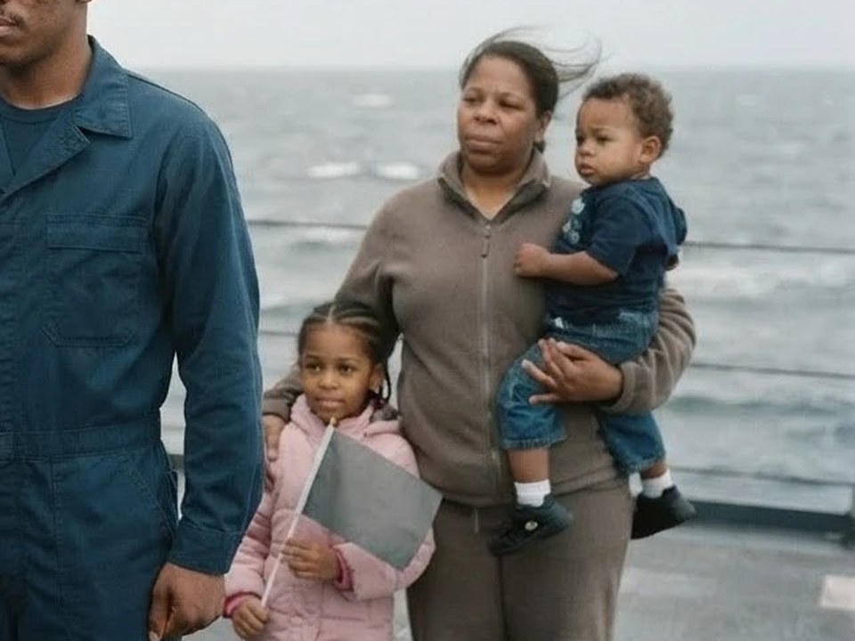 A wife holding their toddler son with their daughter and a small flag beside her on the deck of a ship