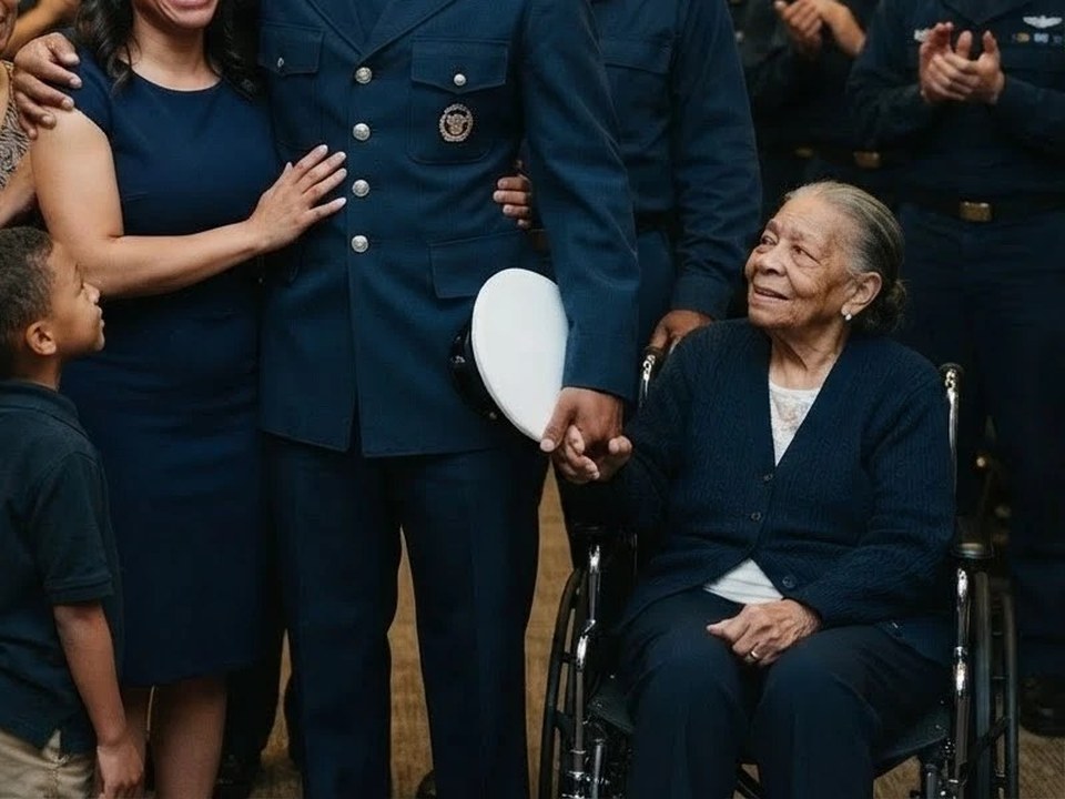 A retiring Coast Guard member laughing beside his crying wife with his grandmother in a wheelchair holding his hand