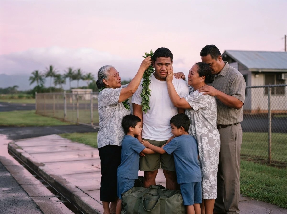 An eighteen year old at a small airport at dawn while his grandmother places a leaf lei over his head and his parents and cousins hold him