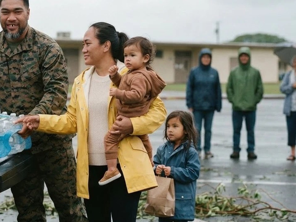 A wife holding their toddler son with their daughter in yellow rain boots beside her, handing out supplies after a storm