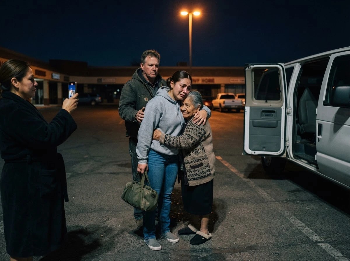 An eighteen year old with her family in a dark parking lot at four in the morning, her abuela in slippers and her mother filming
