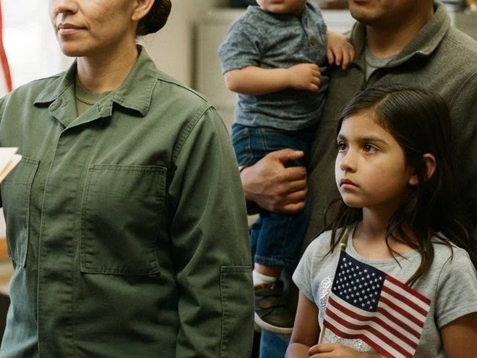 A small girl holding a flag next to her father and toddler brother while their mother takes an oath