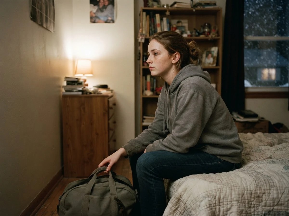 An eighteen year old sitting on her bed the night before she left, a packed duffel at her feet, snow at the window
