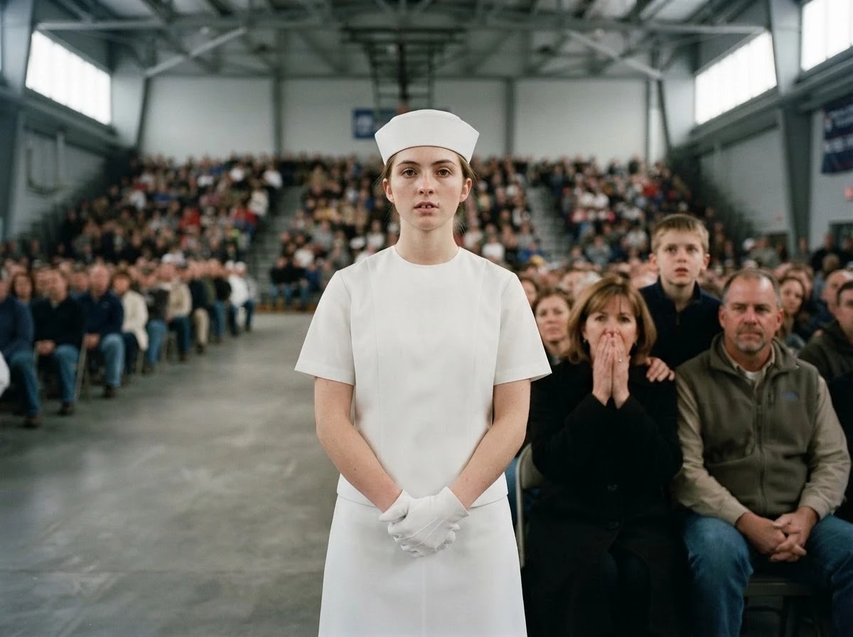 A new recruit standing at attention in the drill hall while her family watches from the stands