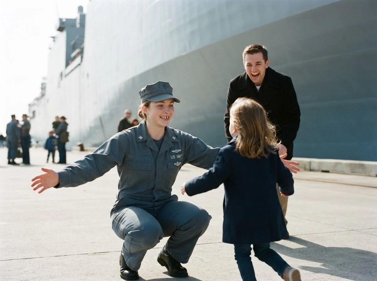 A sailor kneeling with her arms open as her daughter runs across the pier toward her
