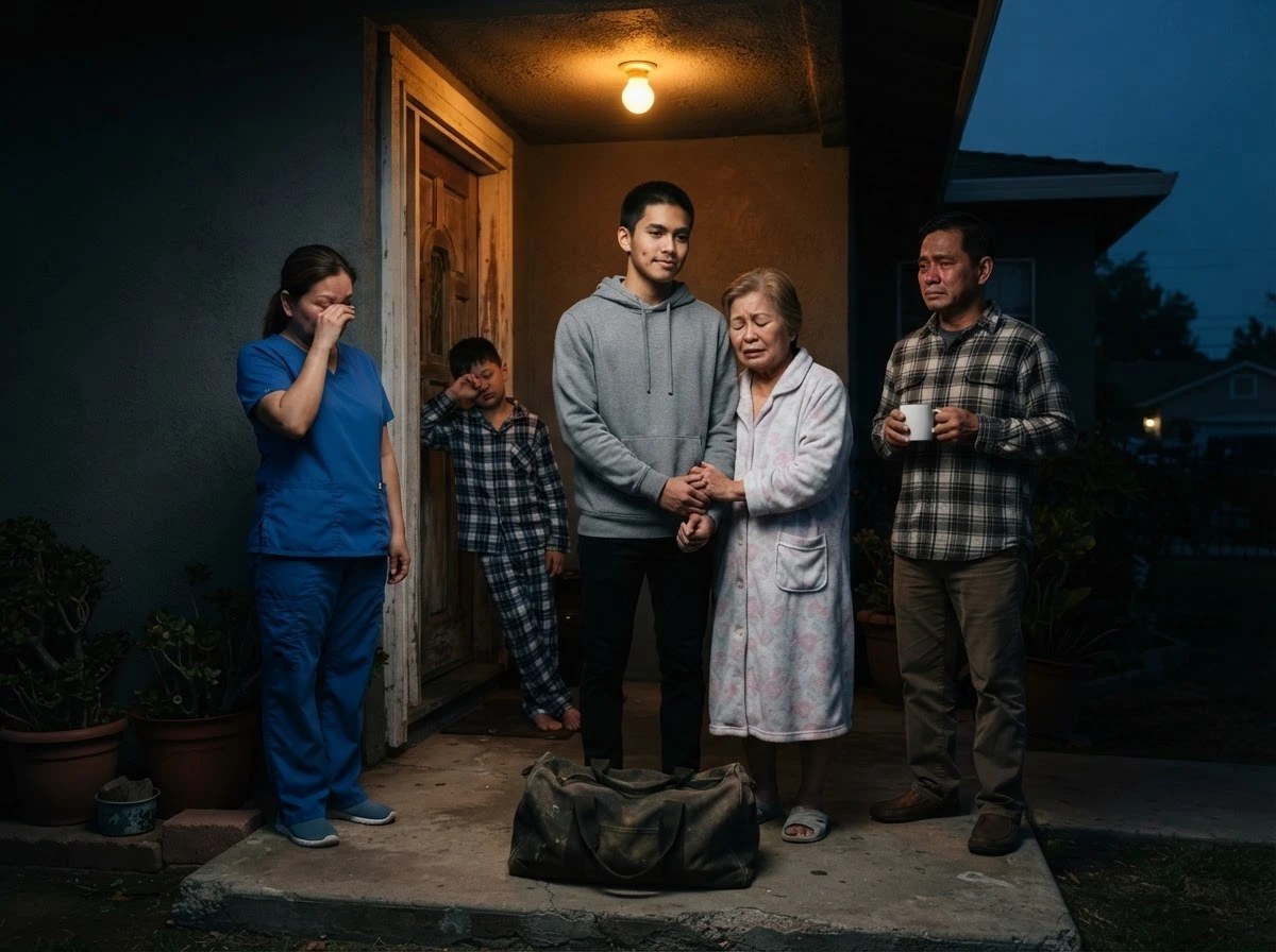 An eighteen year old on his family porch before dawn with his grandmother holding his hands and his parents and little brother beside him