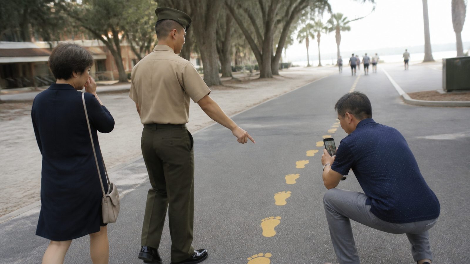 A new Marine walking his parents along the yellow footprints